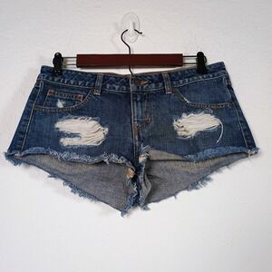 RVCA Denim Shorts Women's 27 Blue Distressed Raw Hem Low Rise